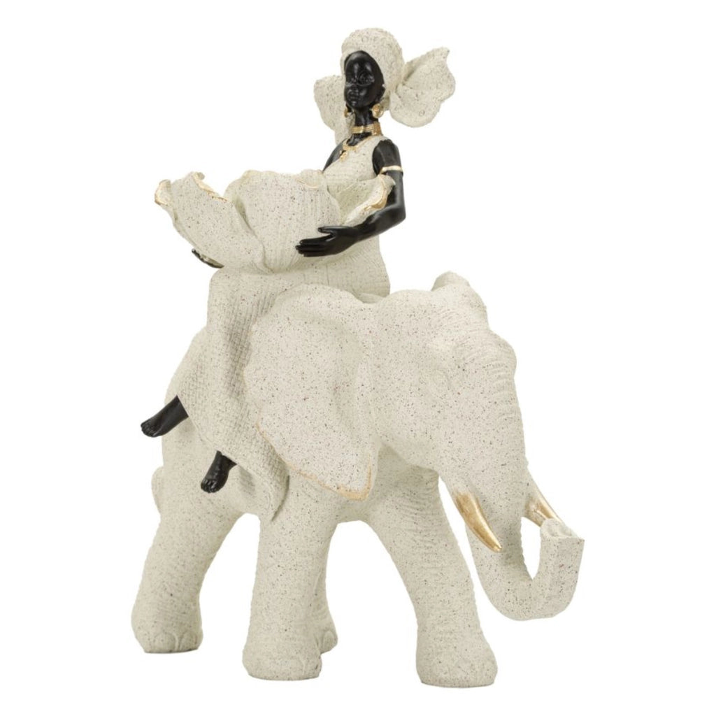 Scultura decorativa Donna su Elefante in poliresina sabbia e oro