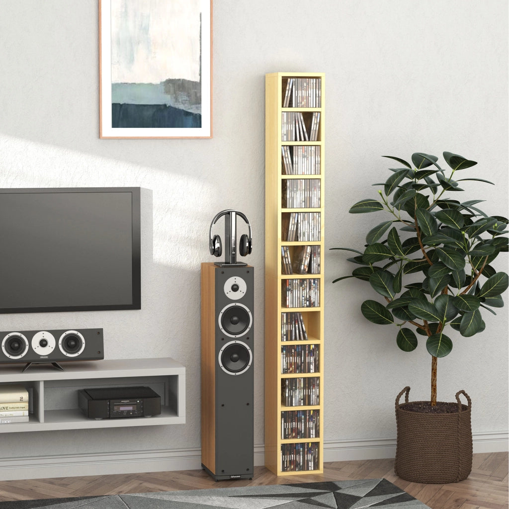Mobile Libreria Porta CD a 12 Ripiani per 204 CD, in MDF e Truciolato, 21x20x175 cm, color Legno