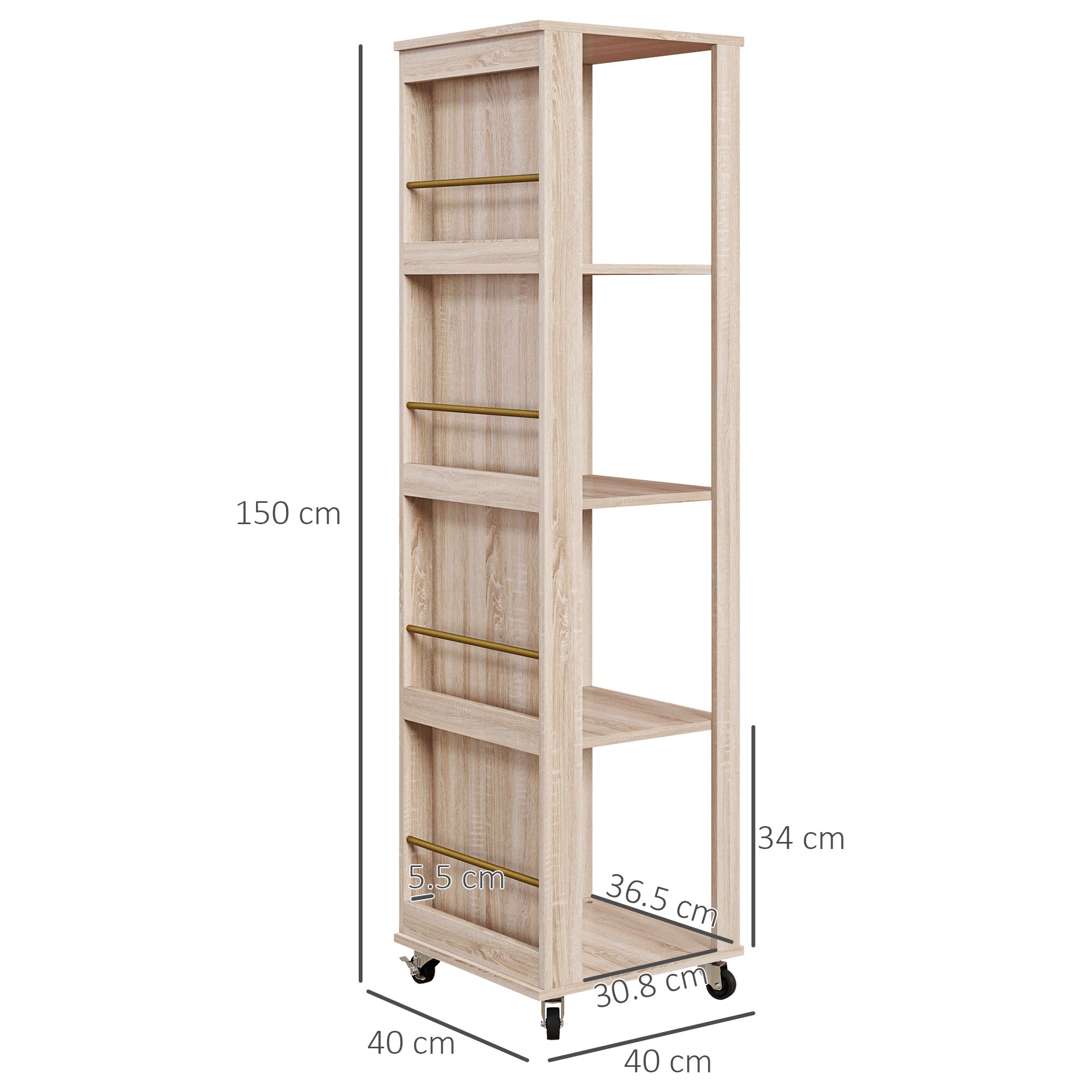 Libreria 4 Ripiani 40x40x150 cm con Rotelle in Legno Quercia