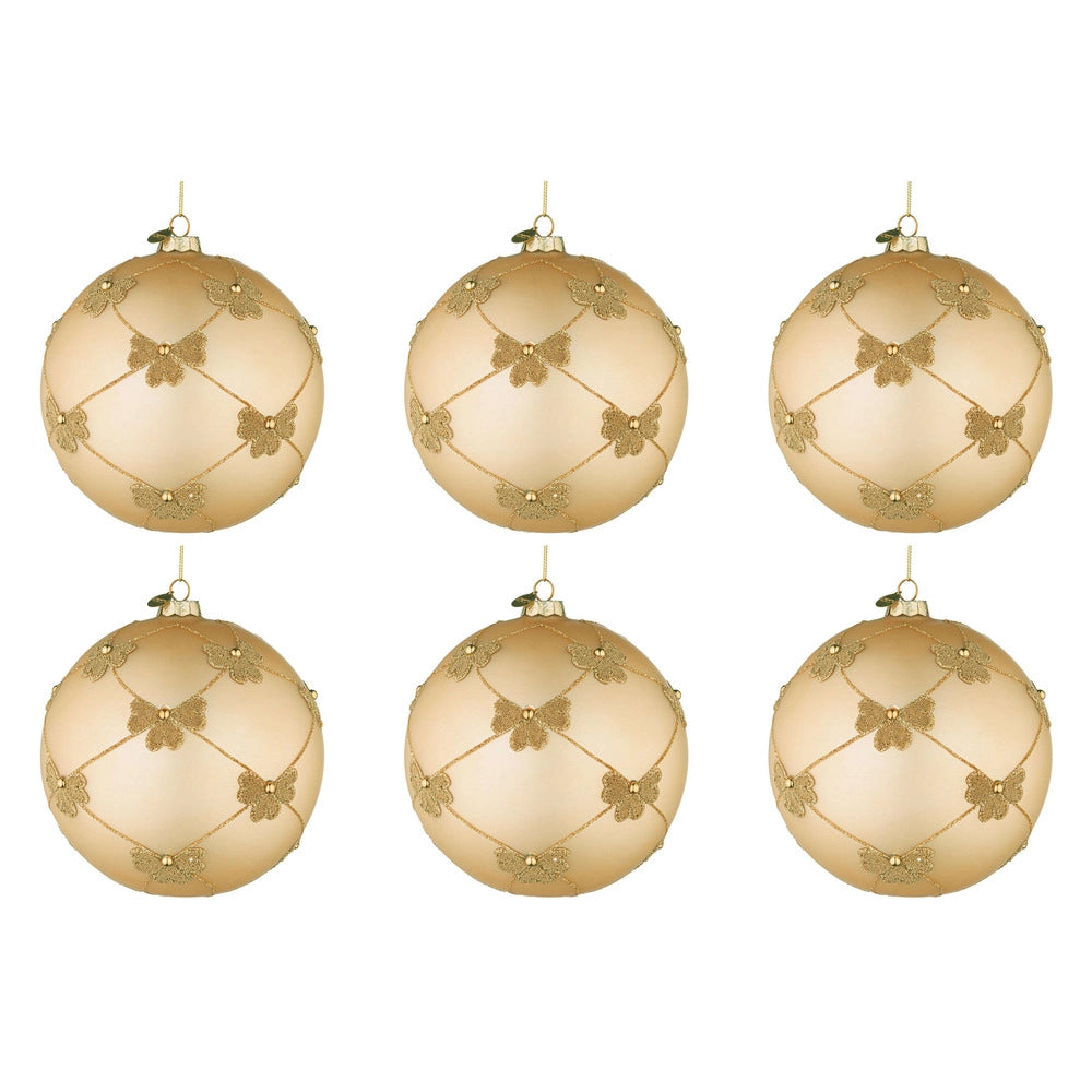 Palline di Natale in Vetro Champagne con Fiocchi Oro Flock Diametro: 80 mm
