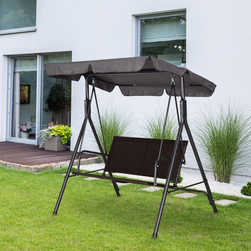 Dondolo da Giardino 2 Posti con Tettuccio Regolabile 140x110x151 cm in Metallo e Rattan PE Marrone e Grigio