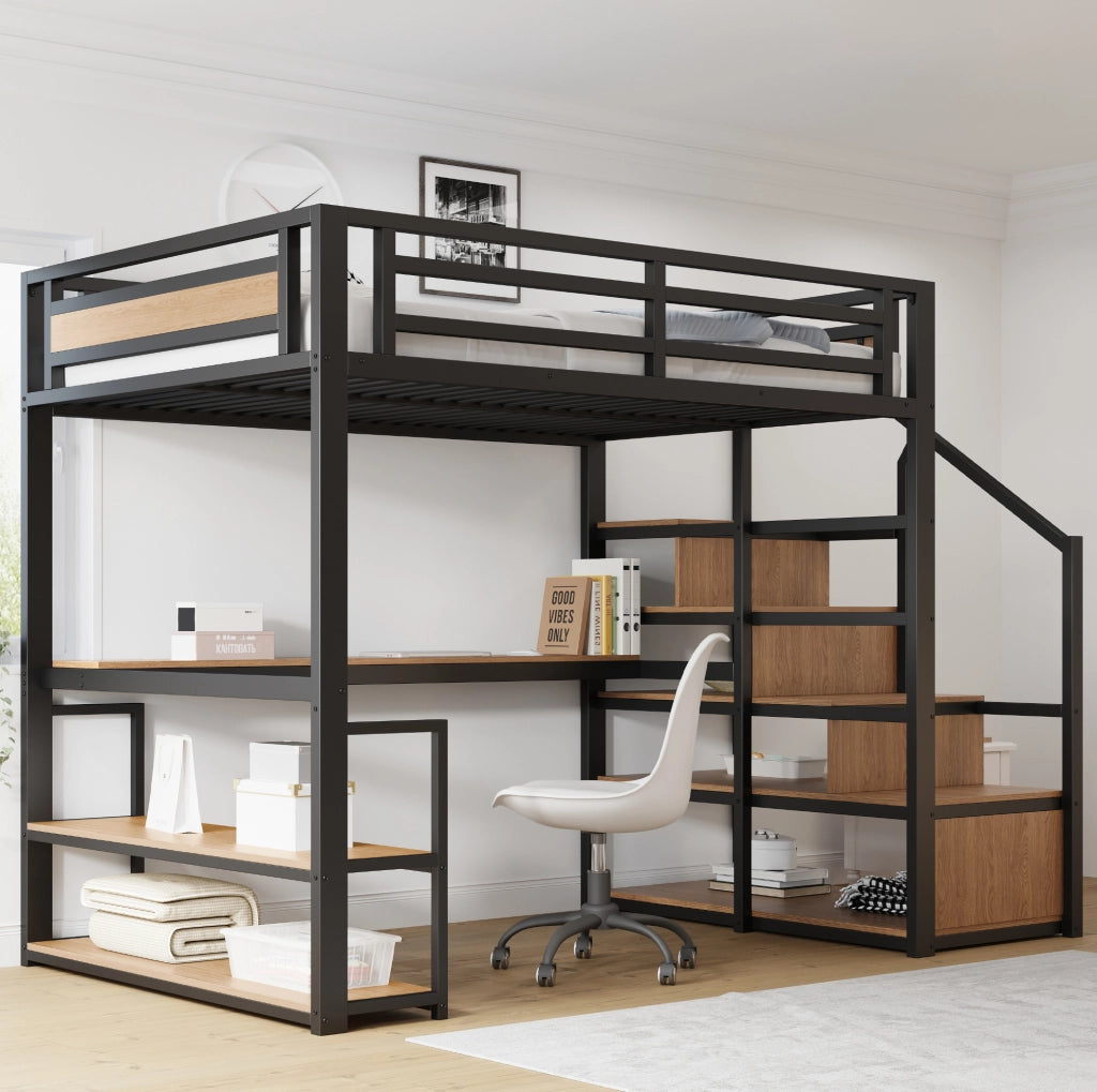 Letto a soppalco in metallo per materasso 140x200 cm con scala contenitore; scrivania e ripiani; nero