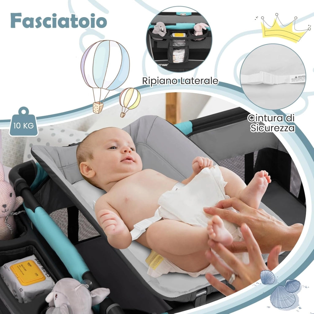 Lettino da Campeggio Pieghevole 5 in 1, Box Bambini con Culla Removibile, Fasciatoio, Materasso, Ripiano Portaoggetti, Ruote Bloccabili, per Bambini 0-36 Mesi (Verde, 103 x 74 x 73 cm)