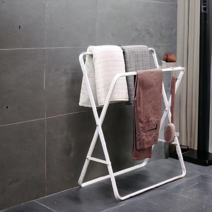 Portasciugamani da Bagno Doppio in Metallo 2 Aste Bianco Pieghevole Casa Hotel