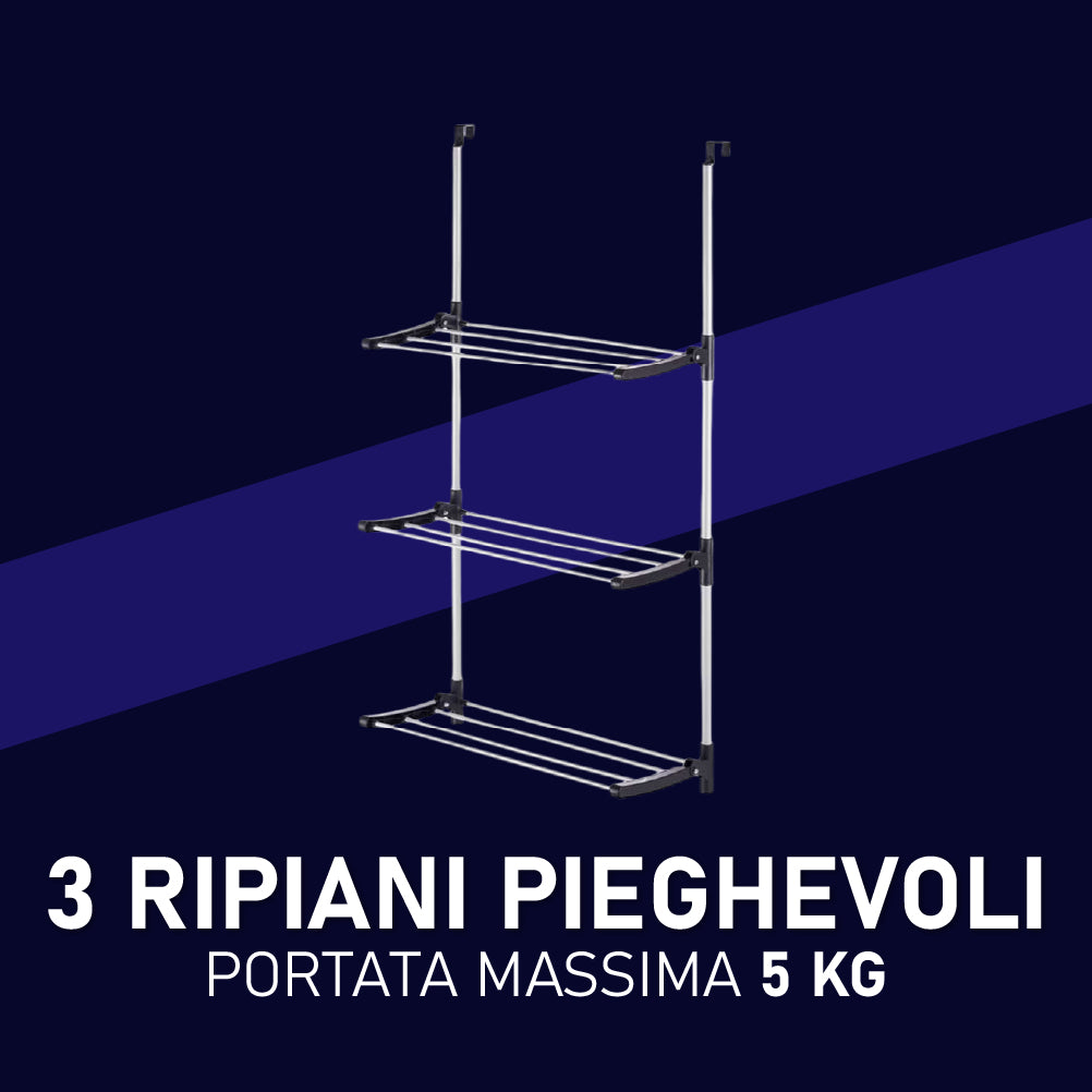 Stendino Pieghevole 3Piani in metallo Zincato e Plastica Stendino per Termosifone Dietro Porta Silver e Nero