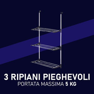 Stendino Pieghevole 3Piani in metallo Zincato e Plastica Stendino per Termosifone Dietro Porta Silver e Nero