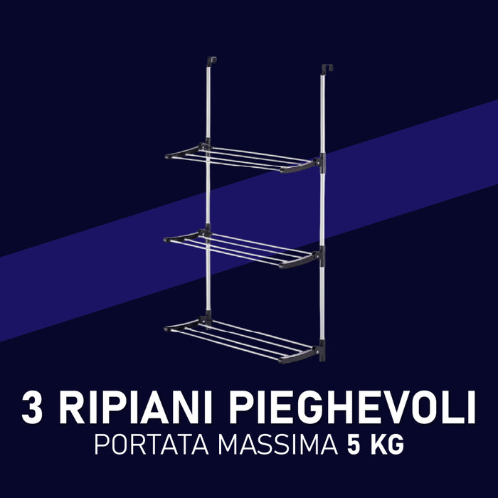 Stendino Pieghevole 3Piani in metallo Zincato e Plastica Stendino per Termosifone Dietro Porta Silver e Nero