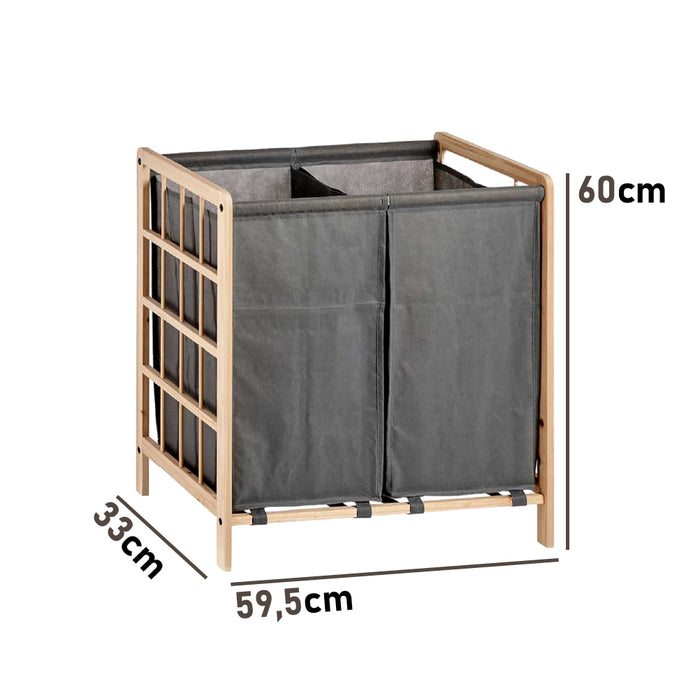 Cesto Porta Biancheria Doppio Legno Naturale e Stoffa Capacità 60lt Colore Grigio