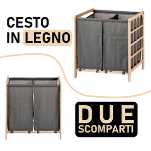 Cesto Porta Biancheria Doppio Legno Naturale e Stoffa Capacità 60lt Colore Grigio