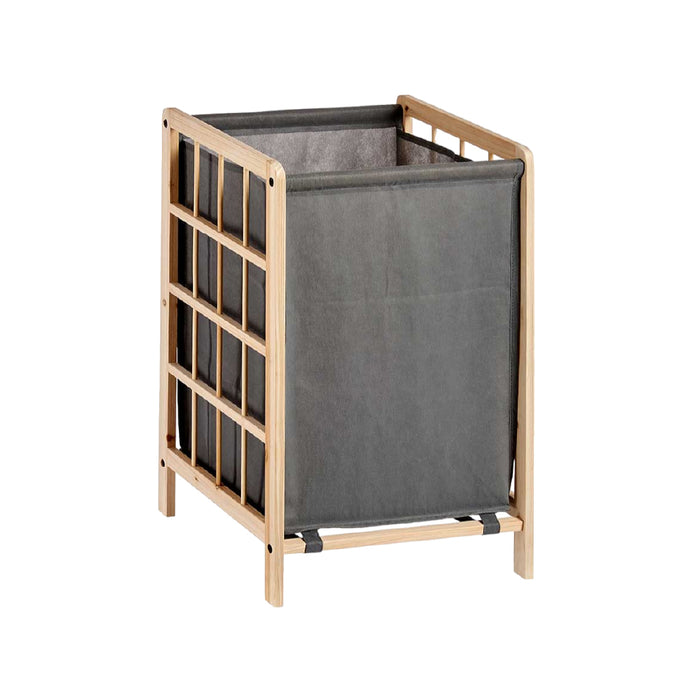 Cesta Porta Biancheria in Legno Naturale e Stoffa Capacità 45 lt H60cm Grigio