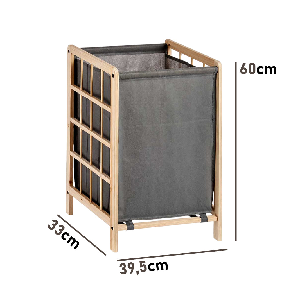 Cesta Porta Biancheria in Legno Naturale e Stoffa Capacità 45 lt H60cm Grigio