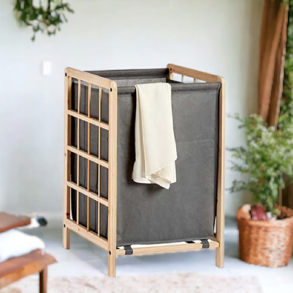Cesta Porta Biancheria in Legno Naturale e Stoffa Capacità 45 lt H60cm Grigio