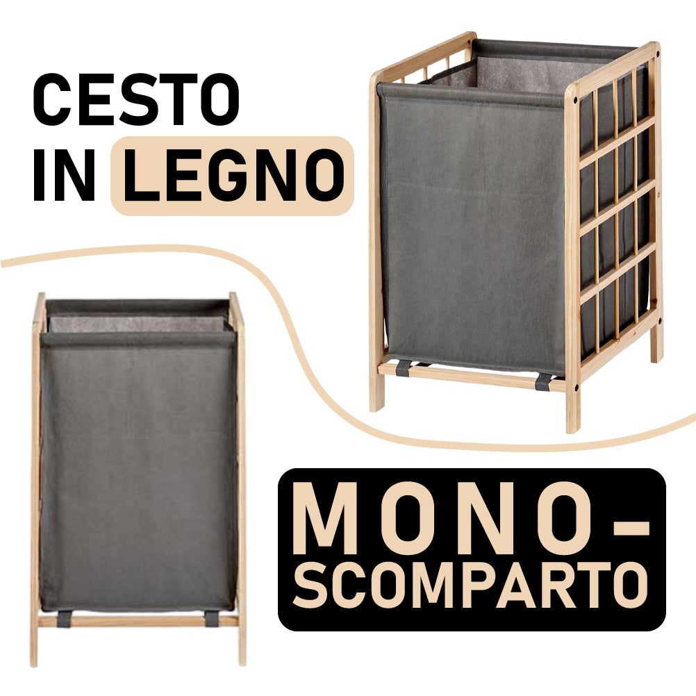 Cesta Porta Biancheria in Legno Naturale e Stoffa Capacità 45 lt H60cm Grigio