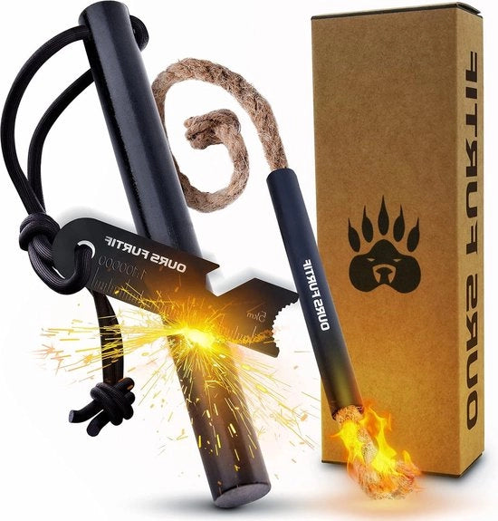 Kit di Accensione Ferrocerio a Bastoncino XXL 12mm - Più di 20.000 Accensioni - Multitool per la Vita di Sopravvivenza - Materiale per Fiamme Incluso + Corda Paracord + Sacchetto - Campeggio Bushcraft Outdoor