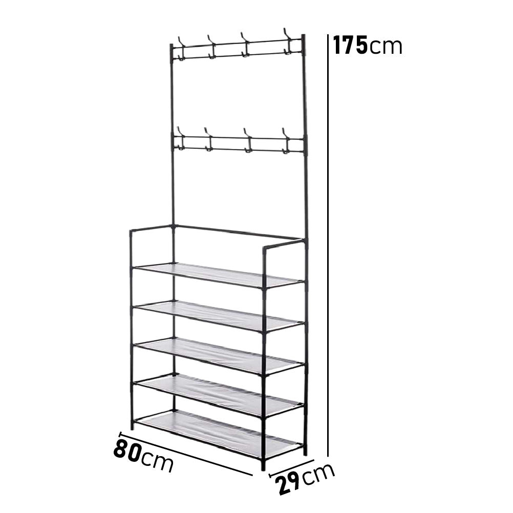 Scarpiera con Attaccapanni in Metallo 5 Piani Appendiabiti 8 Ganci Camera, Ufficio, Ingresso Nero