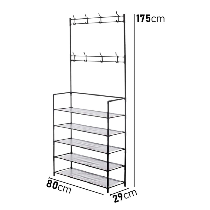 Scarpiera con Attaccapanni in Metallo 5 Piani Appendiabiti 8 Ganci Camera, Ufficio, Ingresso Nero