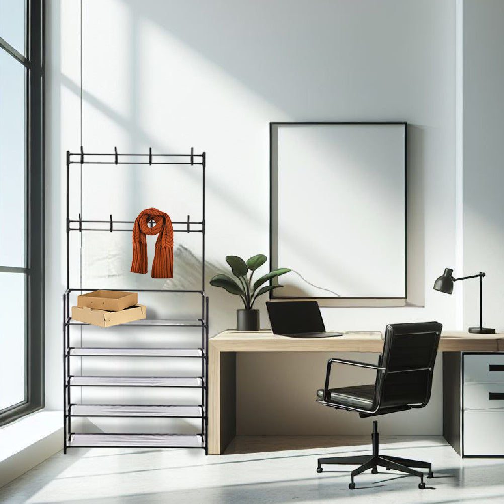 Scarpiera con Attaccapanni in Metallo 5 Piani Appendiabiti 8 Ganci Camera, Ufficio, Ingresso Nero