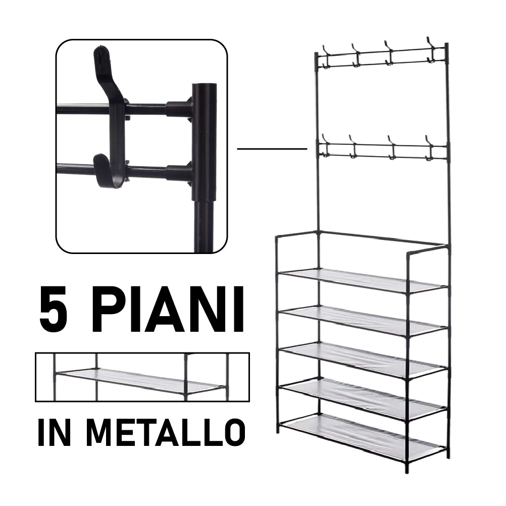 Scarpiera con Attaccapanni in Metallo 5 Piani Appendiabiti 8 Ganci Camera, Ufficio, Ingresso Nero