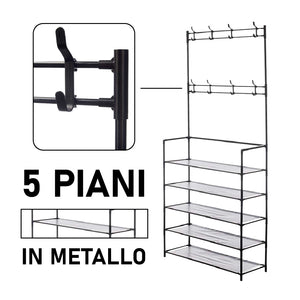 Scarpiera con Attaccapanni in Metallo 5 Piani Appendiabiti 8 Ganci Camera, Ufficio, Ingresso Nero