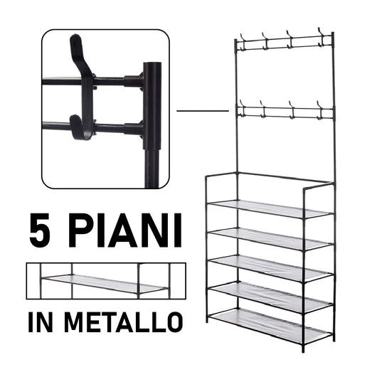 Scarpiera con Attaccapanni in Metallo 5 Piani Appendiabiti 8 Ganci Camera, Ufficio, Ingresso Nero