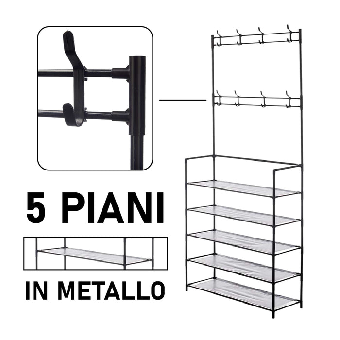 Scarpiera con Attaccapanni in Metallo 5 Piani Appendiabiti 8 Ganci Camera, Ufficio, Ingresso Nero