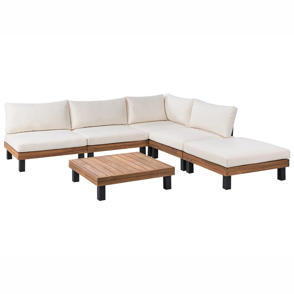 Set divano angolare modulare da giardino Tavolino in legno di acacia certificato con Cuscini in poliestere bianco sporco