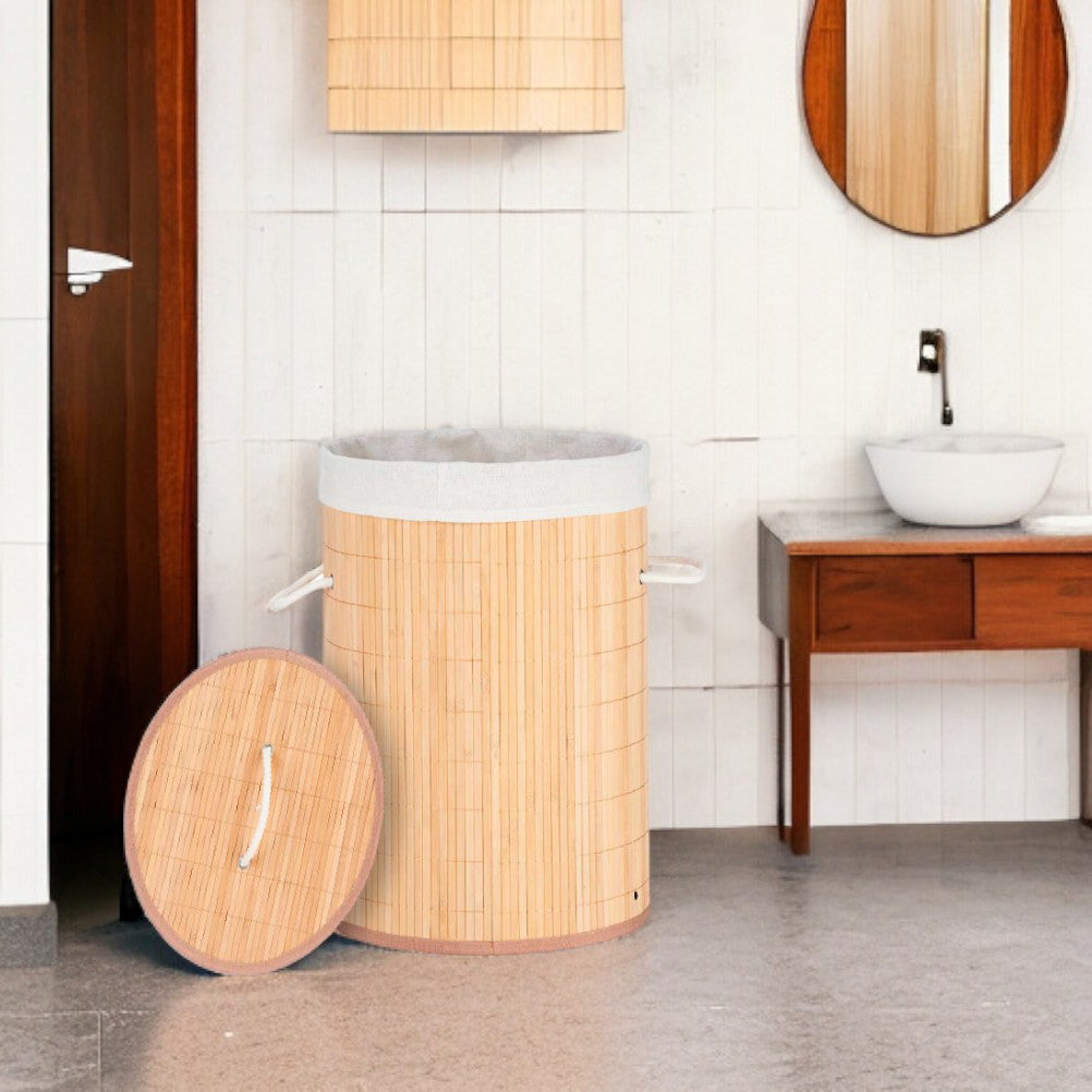 Cesta Porta Biancheria in Bambù con Coperchio 2 Manici Capacità 48Lt Bianco