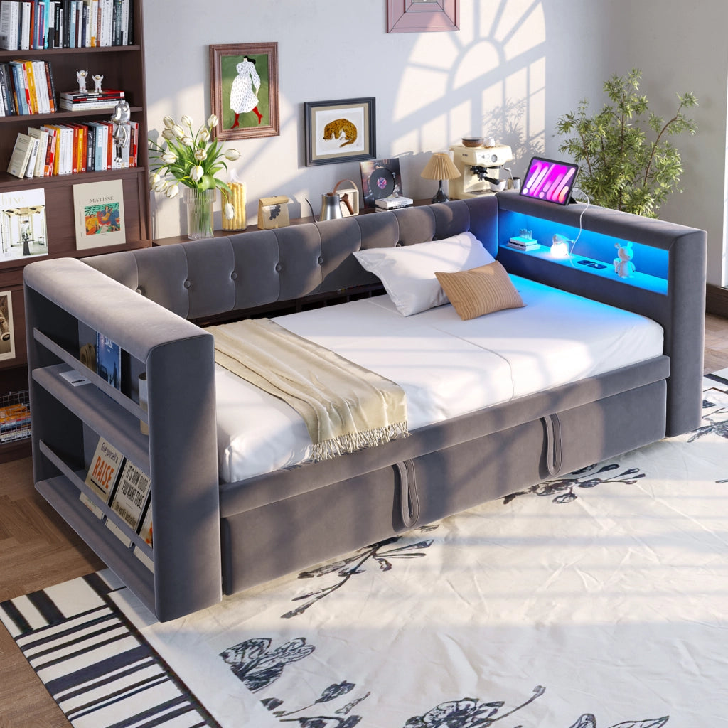 OKWISH Letto Divano 90×190 cm, Letto Singolo con Contenitore, LED Regolabile e Prese, 90×190 cm e 180×190 cm, senza Materasso, Grigio Scuro