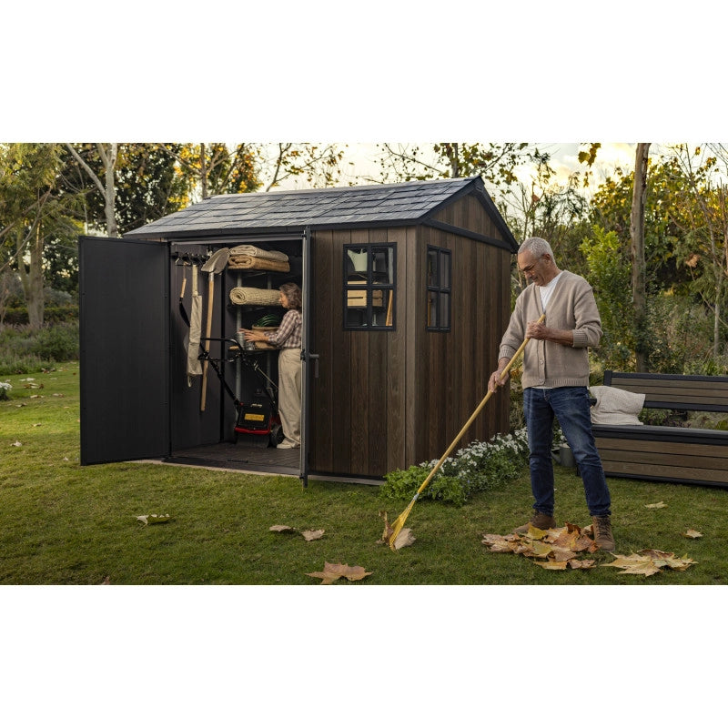 Casetta da giardino in resina effetto legno EVOTECH+ 287x230 cm - pavimento e doppia porta - carico neve 150 kg/m² – Apex 759/975 Signature Walnut - Keter