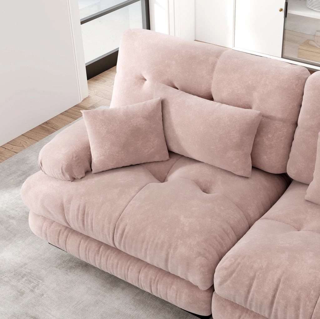Divano Modulare Ad Angolo a Forma di U in Chenille Rosa con Pouf