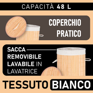 Cesta Porta Biancheria in Bambù con Coperchio 2 Manici Capacità 48Lt Bianco