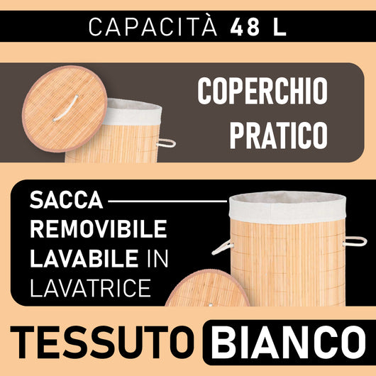 Cesta Porta Biancheria in Bambù con Coperchio 2 Manici Capacità 48Lt Bianco
