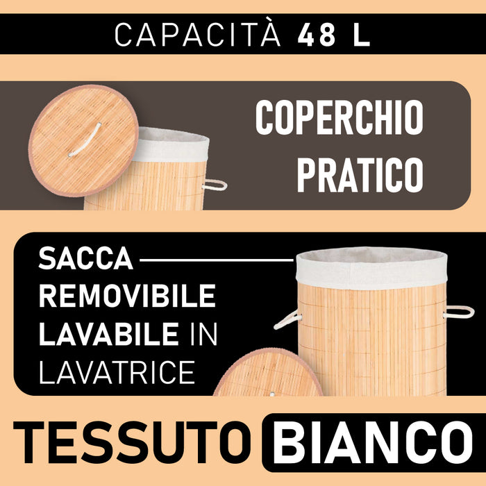 Cesta Porta Biancheria in Bambù con Coperchio 2 Manici Capacità 48Lt Bianco