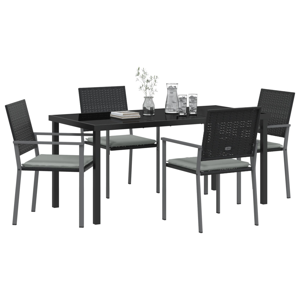 Set da pranzo da giardino a 5 pezzi con cuscini in polyrattan nero