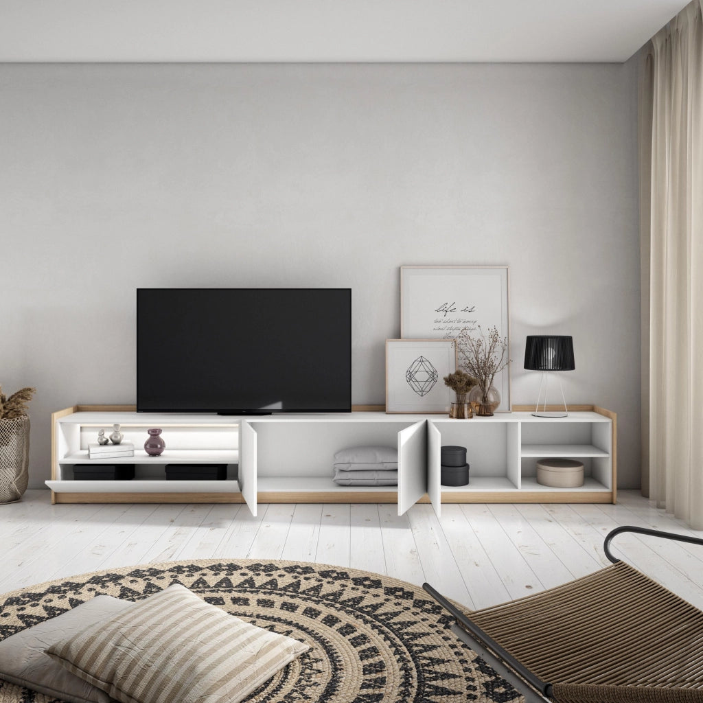 Mobile TV Soggiorno, 310x50x37 cm, Per TV fino a 80", LED, Bianco e Rovere soft