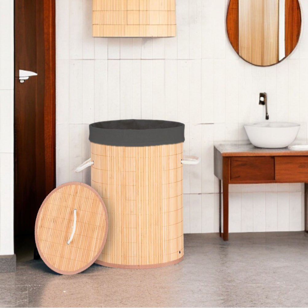 Cesta Porta Biancheria in Bambù con Coperchio e 2 Manici Capacità 48 L Colore Nero