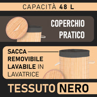 Cesta Porta Biancheria in Bambù con Coperchio e 2 Manici Capacità 48 L Colore Nero