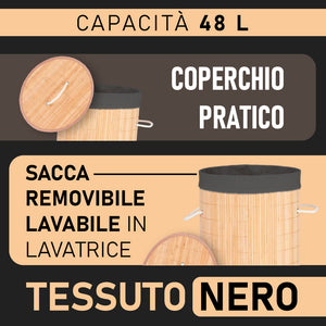 Cesta Porta Biancheria in Bambù con Coperchio e 2 Manici Capacità 48 L Colore Nero