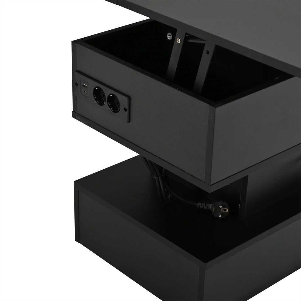 Tavolino basso sollevabile con LED e presa laterale, contenitore interno, nero opaco, 100 × 50 × 51,5 cm