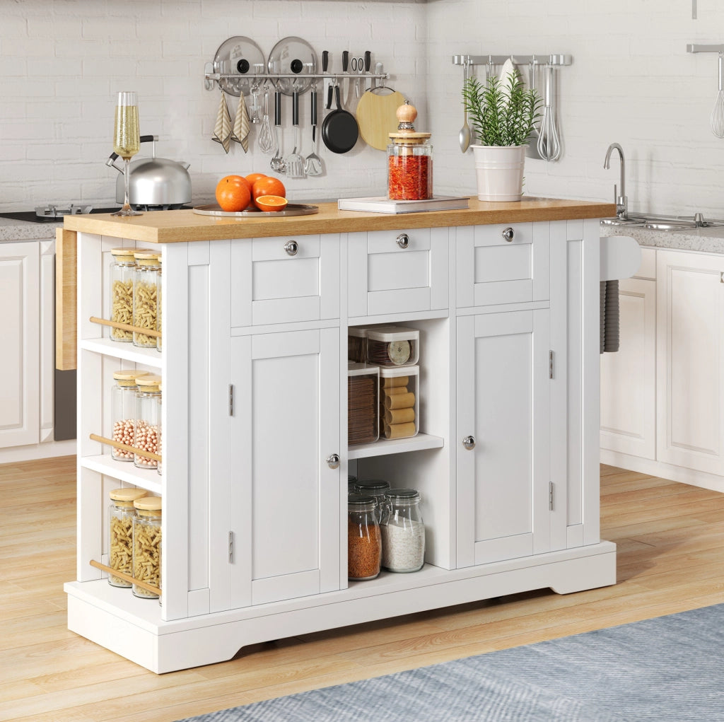 Isola cucina mobile con piano estensibile, cassetti, presa e ruote