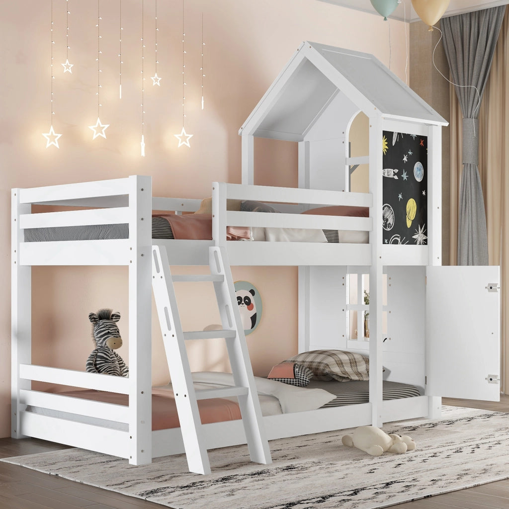 Letto a castello con porta e lavagna in legno massiccio e MDF 90x200 cm