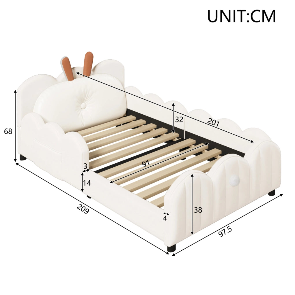 Letto singolo imbottito 90x200 cm con cuscino coniglietto beige