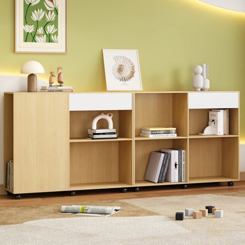 Mobile contenitore modulare con ripiani aperti e rotelle per soggiorno, camera e ufficio in MDF bianco e rovere chiaro