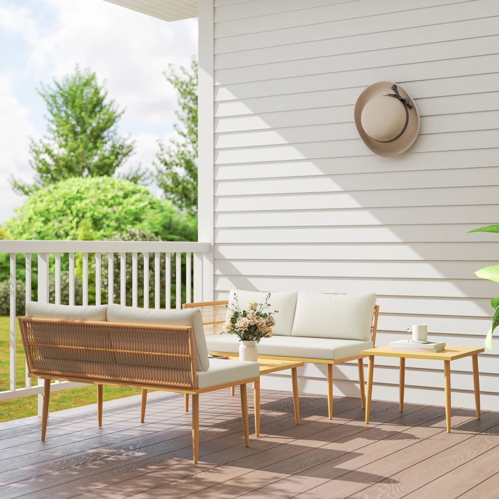 Set 4 Pezzi da Esterno 2 Divani con Cuscini e 2 Tavolini in Rattan PE Colore Legno