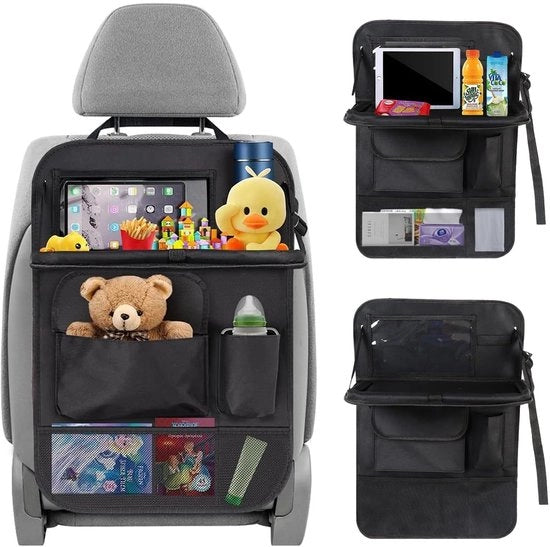 Organizzatore auto per bambini, Protezione auto per bambini con schermo, Organizzatore auto con tavolo pieghevole, Borsa multifunzionale impermeabile per bambini, Borsa per tablet e molti sacchetti - Nero