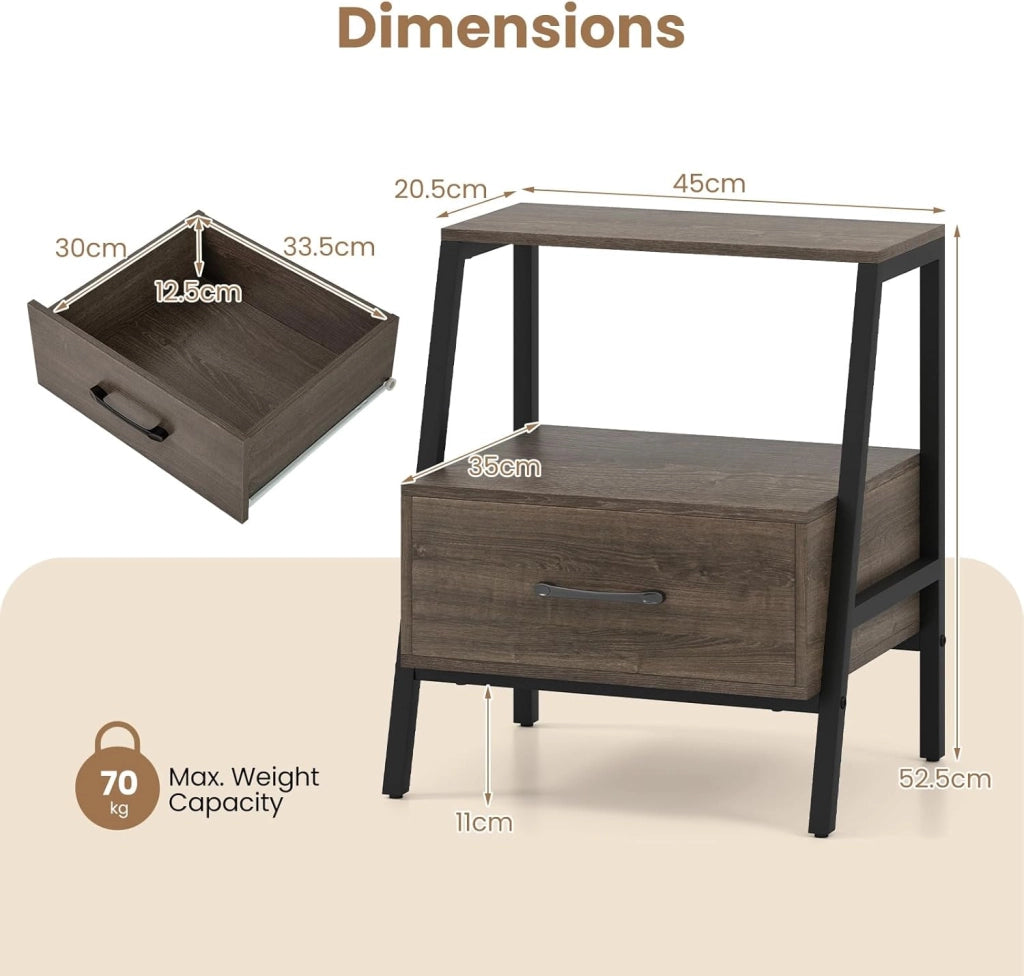 Comodino con cassetto, tavolino con ripiano aperto, comodino con telaio in metallo, per divano, camera da letto, soggiorno, 45 x 35 x 52,5 cm