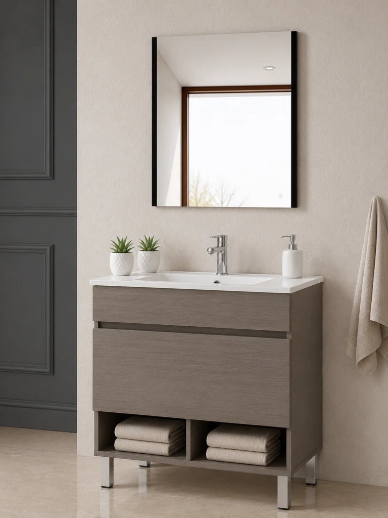 Mobile bagno con piedini con lavabo extrapiano ORIGENBATH NEBARI senza specchio 50x40 cm rovere smoky