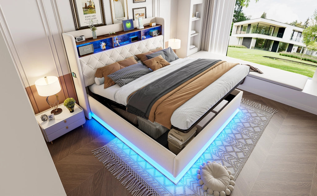 DESMIU Letto Contenitore 180 × 200 cm 2 posti con USB, LED regolabile e vano idraulico, senza materasso, beige