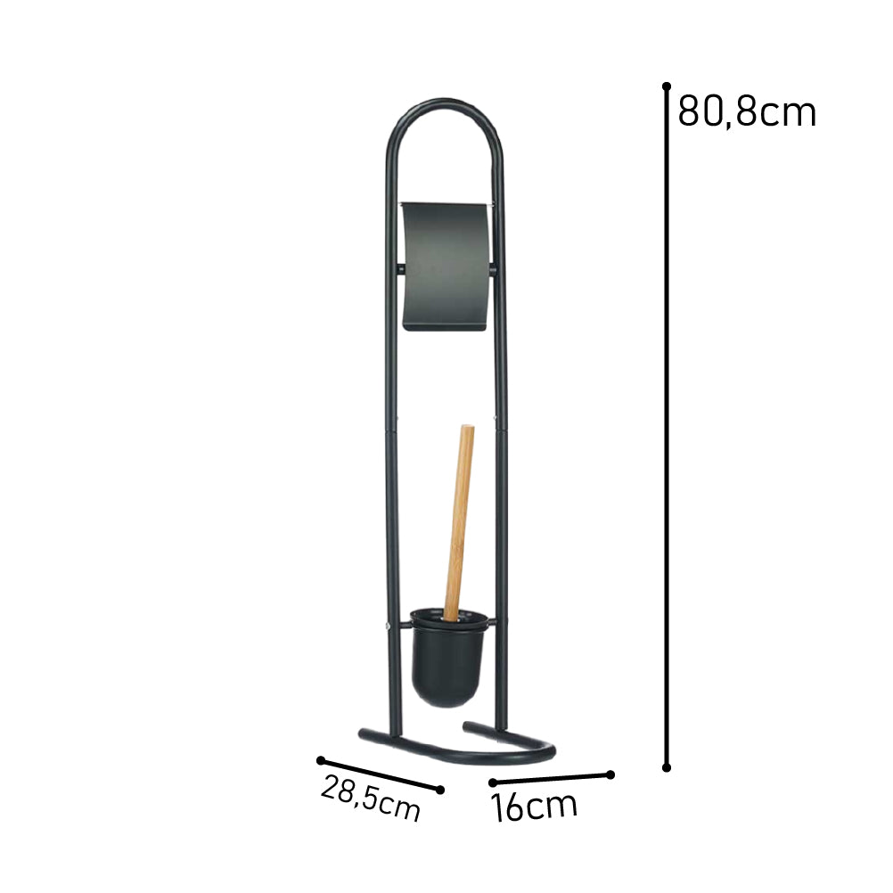 Piantana Portarotolo e Portascopino Metallo Verniciato e Bambù Salvaspazio Nero