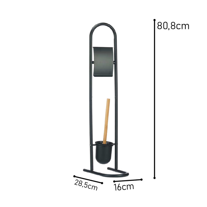 Piantana Portarotolo e Portascopino Metallo Verniciato e Bambù Salvaspazio Nero